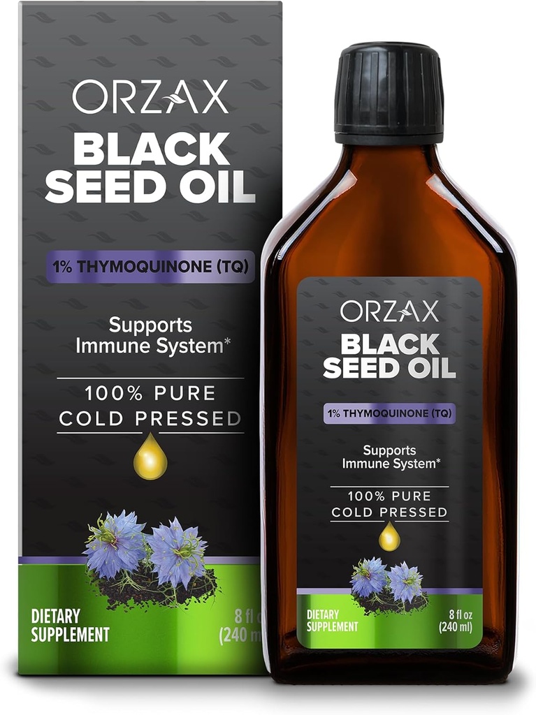 ORZAX 黑种子油液(8 fl oz) - 冷压100%纯 | Vegan, Gluten Free, Non-GMO → 5000mg Black Cumin (Nigella Sativa) 油用50mg Thymoquinone → 富产 Omega 3-6-9 → 玻璃瓶