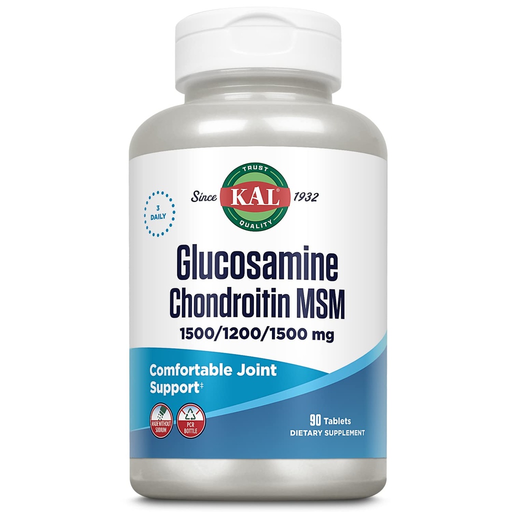 KAL Glucosamine Chondroitin MSM,《男女联合支助补编》,1,500mg Glucosamine Sulfate,1,200mg Chondroitin,1,500mg MSM,《快速解体》,《60天保障》,《30人服务》,《90块药片》