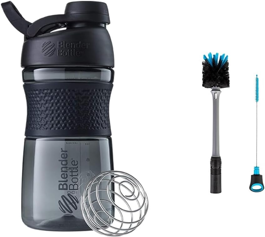 BlenderBottle SportMixer Shaker Bottle Perfect for protein Shakes and Pre Workout, 20-Ounce, Black & 2-in-1 Shaker Bottle and Straw Cleanning Bruw, 1 Pack, Gray 20-Ounce, Black & 2-in 1 摇摆瓶和草丛清洗刷, 1 Pack, Gray