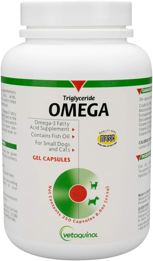 Vetoquinol Triglyceride Omega 3 狗和猫的补编,配有环保局和DHA的鱼油补编,促进皮肤、大衣、联合和免疫健康,Omega 3 狗和猫的鱼油最多30磅,250厘米