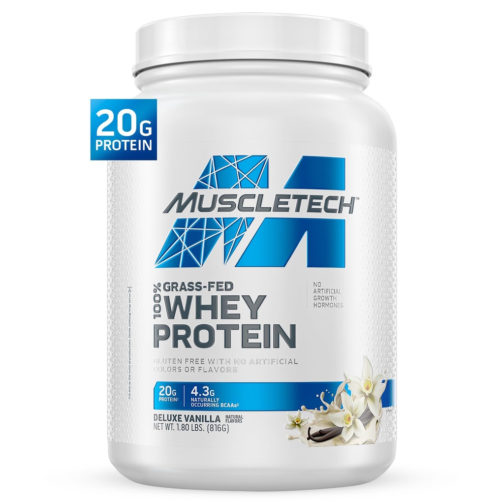 肌肉科技 Grass-Fed Whey 蛋白粉(Deluxe Vanilla,1.8LB) - Whey 蛋白质平滑和牛奶摇摇混合支持肌肉增益和复苏 - Whey Protein for Men - Non-GMO & Gluten-free