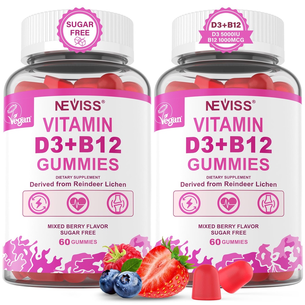 NEVISS 2Pack Vegan Vitamin D3 + Vitamin B12 Gummys, 高概率 D3 5000IU 和 1000 mcg 甲基化 B12, 成人维生素 D3 和 B12, 支持骨质健康, Immune & Energy Supplement, 120 Count