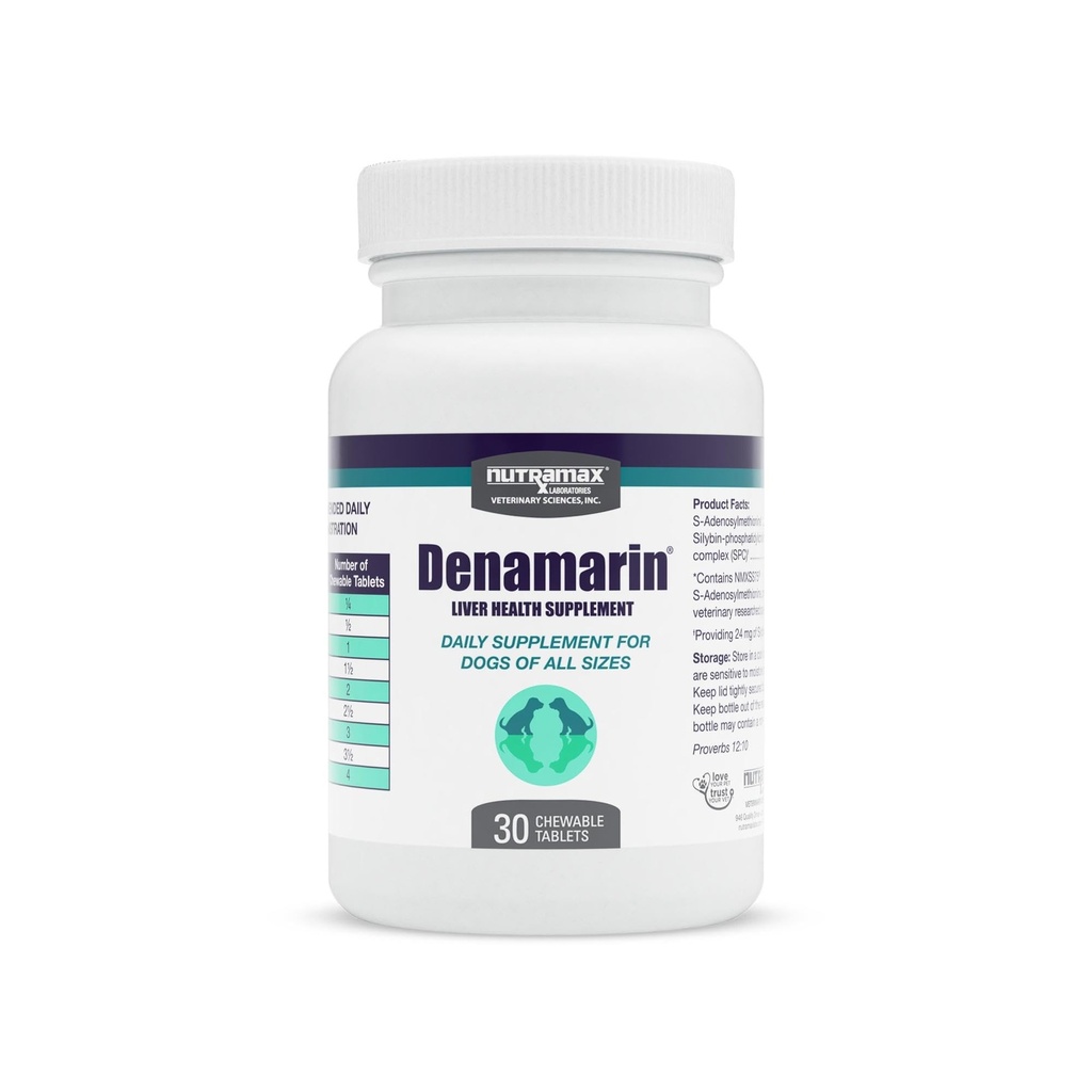 狗的Nutramax Denamarin Liver健康补编,配有S-Adenosylmethionine(SAMe)和Silybin,30块可切片