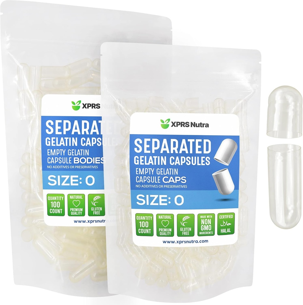 XPRS Nutra Gelatin 大小 0 分离的卡普勒斯 - 100 个清空卡普勒斯 分离在 Bags 中 - 大小 0 Gelatin 药丸 - 清空 Gel Caps 用于 DIY 补充填充