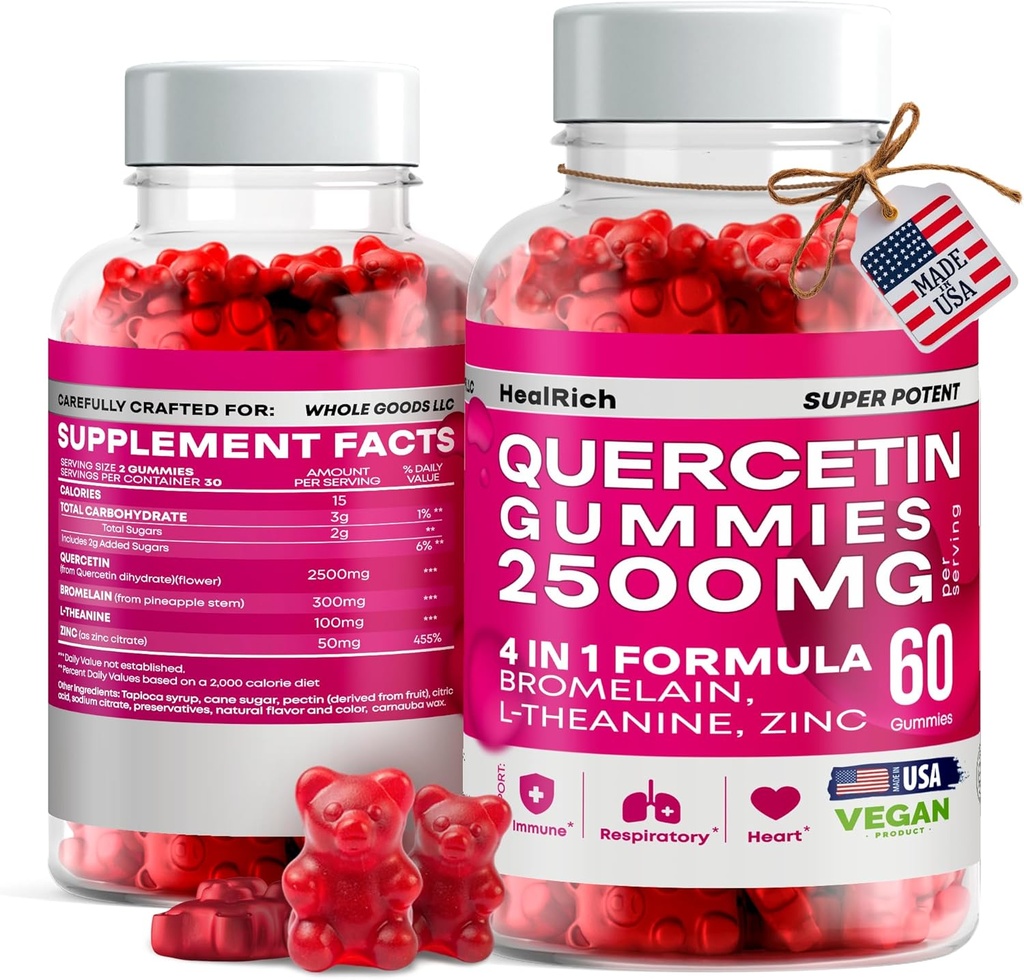 Quercetin Gummys - 2500MG 配有 Bromelain, L-Theanine & Zinc Vegan 儿童与成年人的免疫支持补充 - 过敏救济和肺部健康