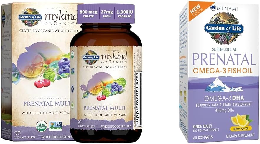 生命花园 妇女产前多维生素与维生素D3, B6, B12, C & Iron & 产前 DHA Omega 3 鱼油 - Minami自然产前, 60 软胶