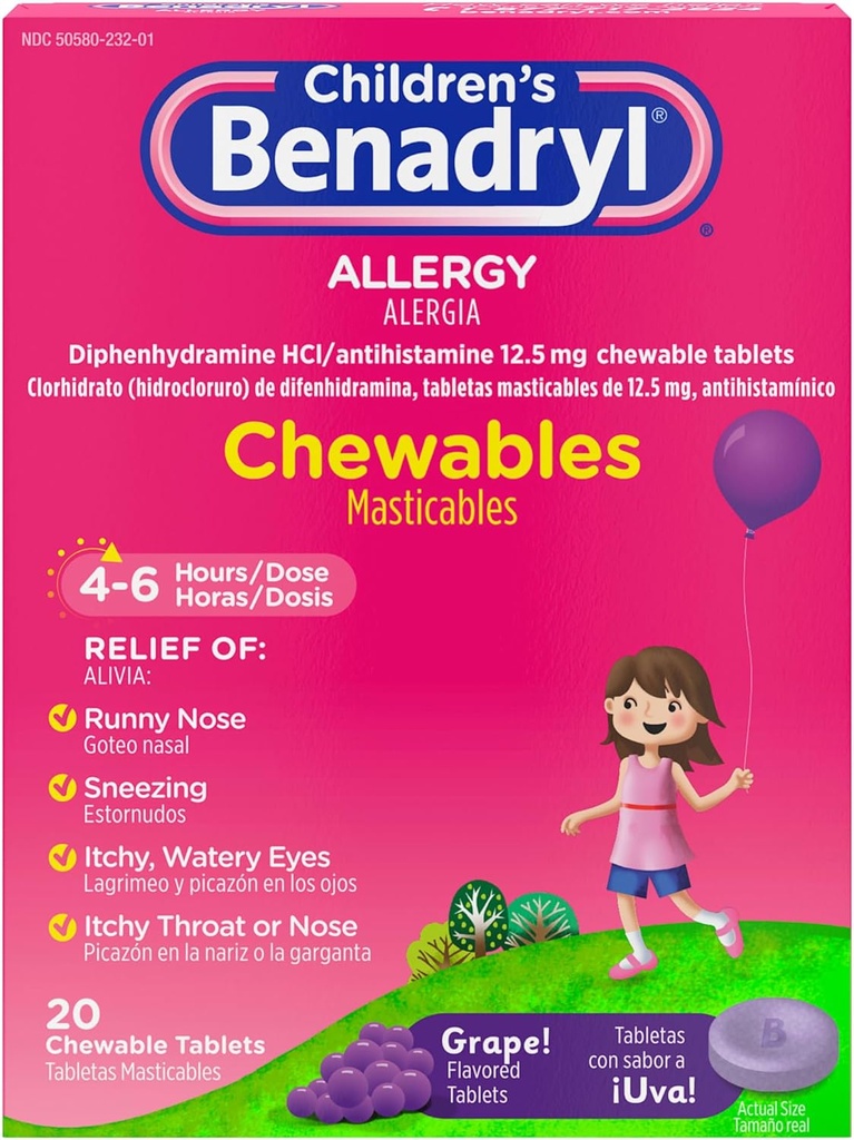 Benadryl儿童过敏医学 Chewables with Diphenhydolamine HCl, Chewable Kids的抗Histomine药片,用于缓解喷嚏和痒眼等过敏症状,葡萄火焰,20 cm
