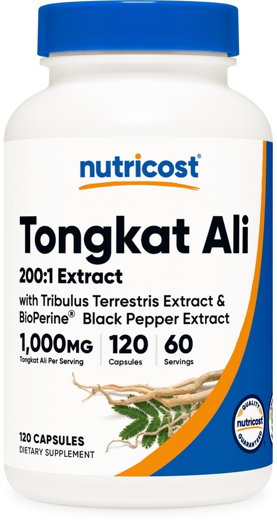 营养成本Tongkat Ali 1000mg 120 Capsules - 配有Tribulus Terrestris和生物牡蛎、蔬菜瓶、Non-GMO、Gluten Free、Potent 提取器