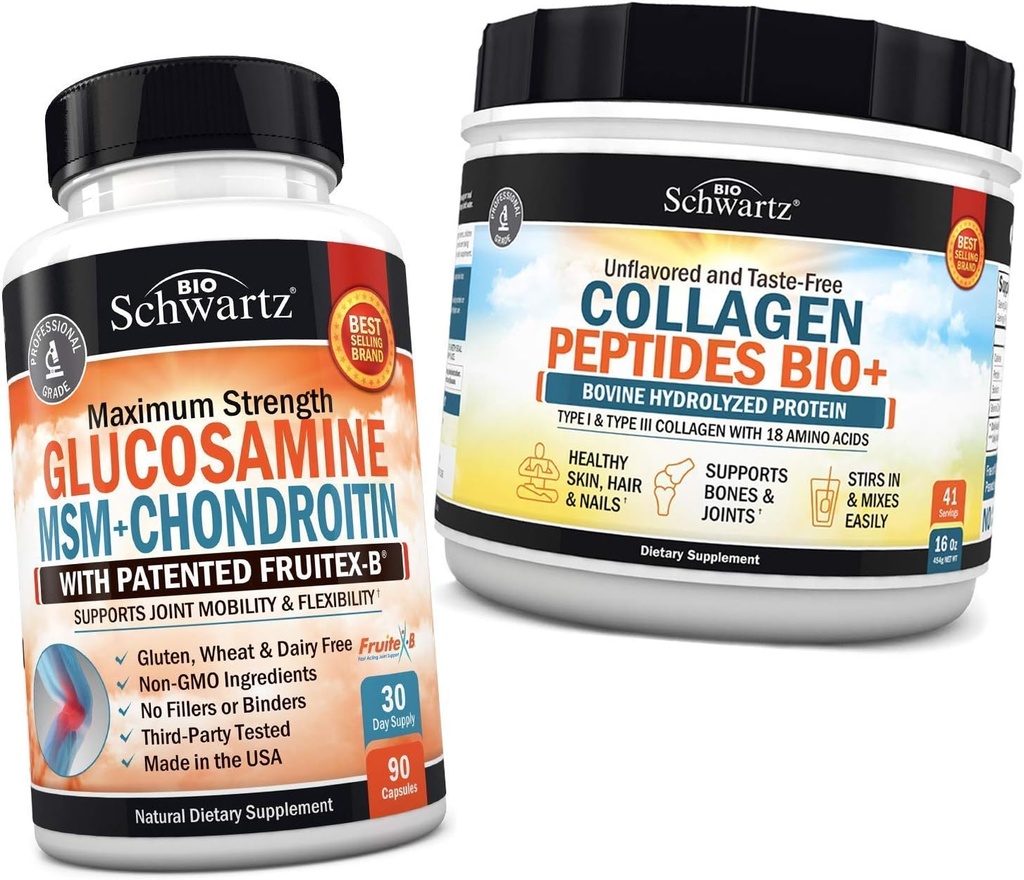 BioSchwartz Glucosamine Chondroitin MSM + Collagen Peptides Powder - 健康骨骼和联合支持 - 促进灵活性和碳化物支持