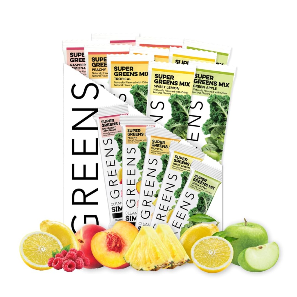 清洁简单食品 绿色品种 10 Pack, 绿色粉末混合剂, 与超级食品 Chlorella & Spiruina 包装, 包括5种美味的Flavors:桃子, 绿色苹果, Raspberry Lemonade, 甜柠檬和热带