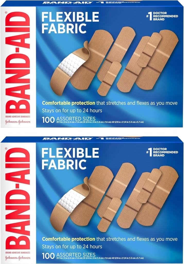 BAND-AID Brand 软件粘贴带带内存-织物 Fabric, Quilt-Aid Comfort Pad & Hurt-Free Pad; 小切片、碎屑、伤痕和不同大小的伤口护理, 2 x 100 个计数