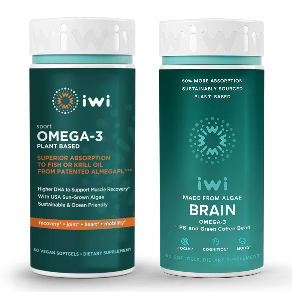 iwi Omega-3 运动与大脑 Omega-3 Bundle, 30名服务员, Vegan 植物型藻 Omega 3, 配有 EPA + DHA, Krill 和鱼油替代品, 无鱼味余味