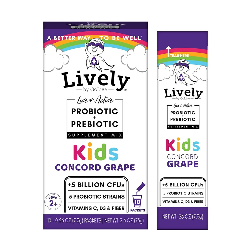 活性(由GoLive) KIDS CONCORD GRAPE 共生(Probiotics + Prebiotics) ; 5 临床草原; + 5亿 CMUs. 抗生素和预生素 KIDS用于消化、代谢、豁免。 (10个包装)