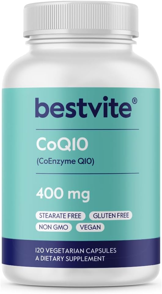 BESTVITE Coenzyme CoQ10 400mg(120 蔬菜卡普尔) 天然发酵 - 无 Stearates - Vegan - Gluten Free - 非转基因