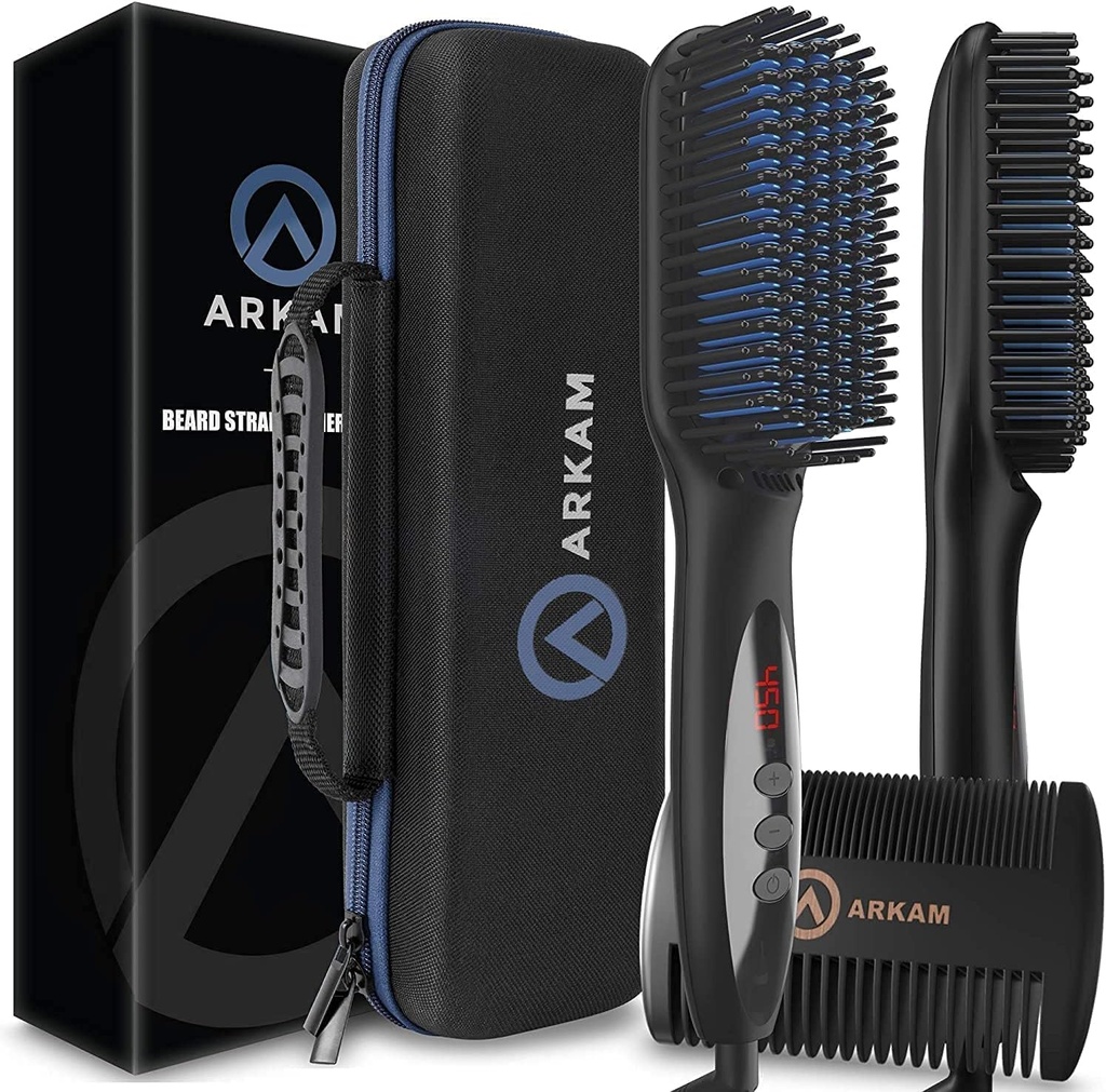 Arkam Beard Straightener for Men - Premium heated Beard Brush Kit w/Anti-scald Feature, 双动作毛发和硬壳旅行中长胡子 - Costume and Groming Gifts for Men