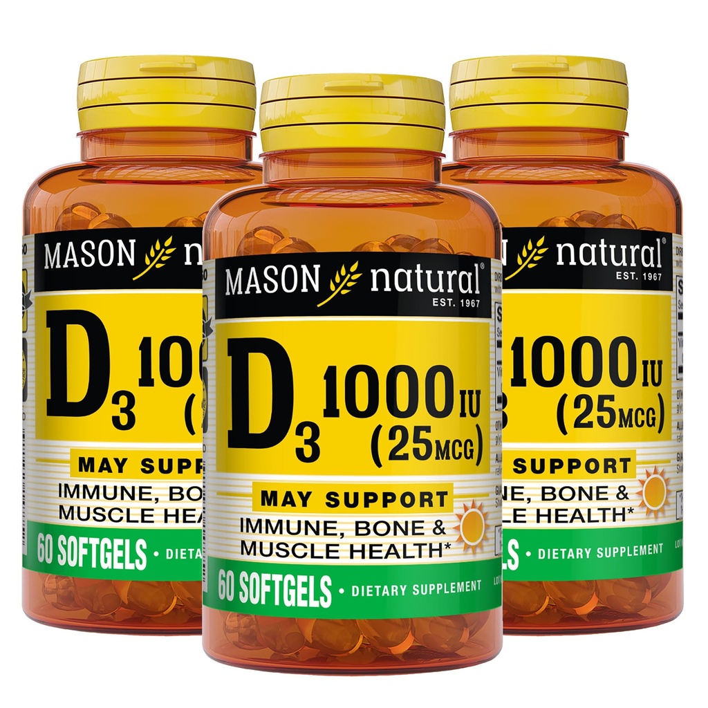 MASON NATURAL Vitamin D3 1000 IU (25 mcg) from Fish Liver Oil to Support Normal Bone & Muscle Function, 180-Day Supply, 60 Softgels (Pack of 3)
