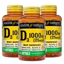 MASON NATURAL 维生素D3 25 mcg(1 000 IU),骨骼和免疫支持,来自鱼肝油,60软胶(3包)