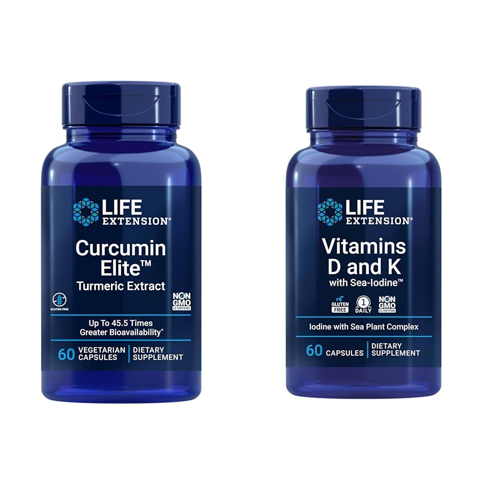 生命延伸 Curcumin Elite Turmeric 提取,促进健康刺激反应和维生素D和K与海碘,维生素D3,维生素K1和K2
