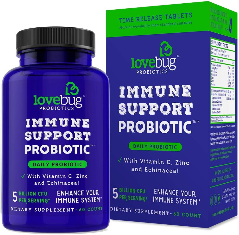 爱的bug ProBIOTICS Immune 支持 男女每日 Probiotic for Men and Women, 40亿 CFU & 6 Strains, 包括维生素C, Zinc & Echinacea, 30 Capsules, Vegan & 非GMO