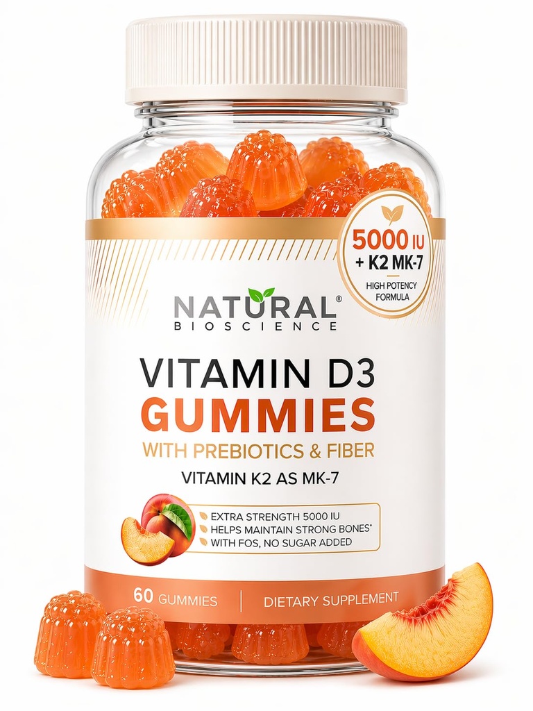 糖无维生素D3 K2 Gummys - 维生素D3 Gummys 5000 IU+K2 MK7 80 mcg,K2 D3 维生素补充成人,维生素D K2 用于骨,伊敏,心,木,无胶,非GMO,天然桃花