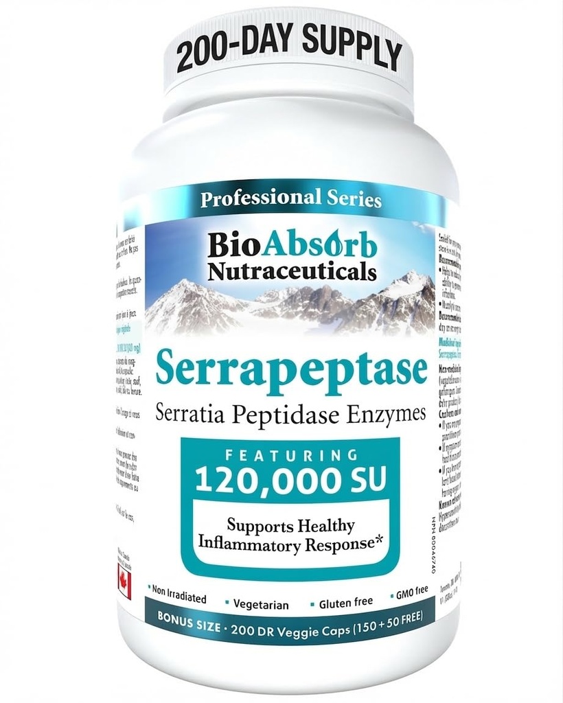 Bio Absorb Serrapeptase Enzyme, 高潜力 120 000 单位 (SPU), 200 日供应, 延迟释放 蔬菜 Capsules (DRcaps) 用于最大吸收