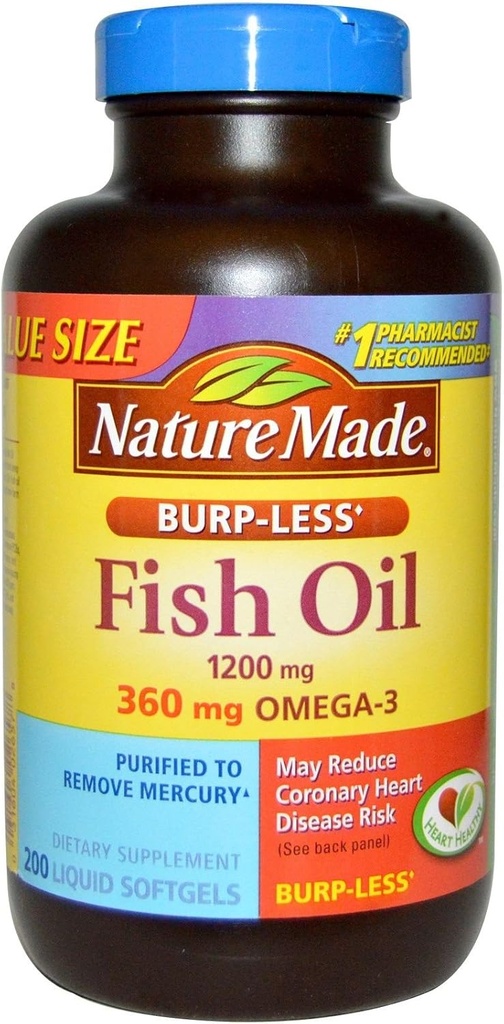 Nature Made Burp-Less Fish Oil 1200mg, 360mg Omega-3, Liquid Softgels 200 ea(包2)