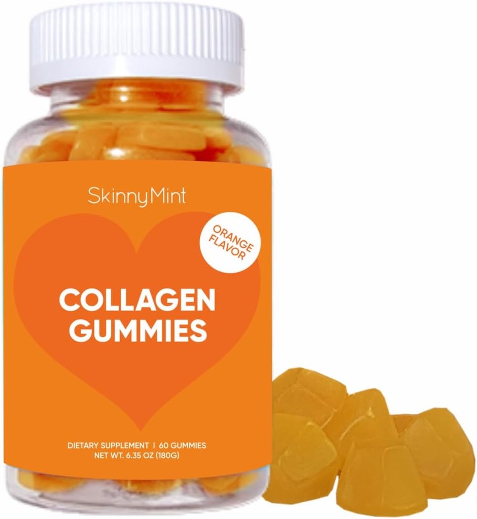 SkinnyMint Collagen Gummys 健康皮肤,钉子和头发支持,Gluten Free Collagen Chewable Gummys for Men & Women, Natural Orange Flavor - 60 Count(180G) - 1个月供应