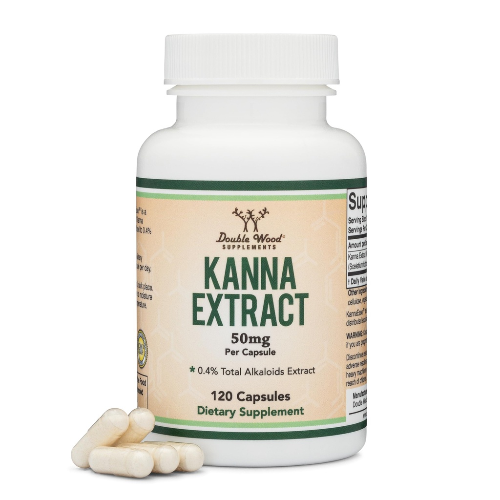 Kanna 抽取补充(Sceletium Tortuosum) - 50 mg Per Capsules, 120 counts - 心灵放松与和平(Min 4% Total Alkaloids) Non-GMO, Gluten Free, Vegan Safe by Double Wood(双木)