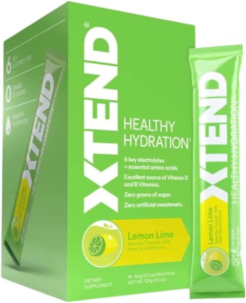 Xtend XTEND 健康水利 柠檬 零糖 高级水利 粉末 包装 6 关键电解剂 饮用 Mix 基本氨基酸 NSF 体育认证 15 棒