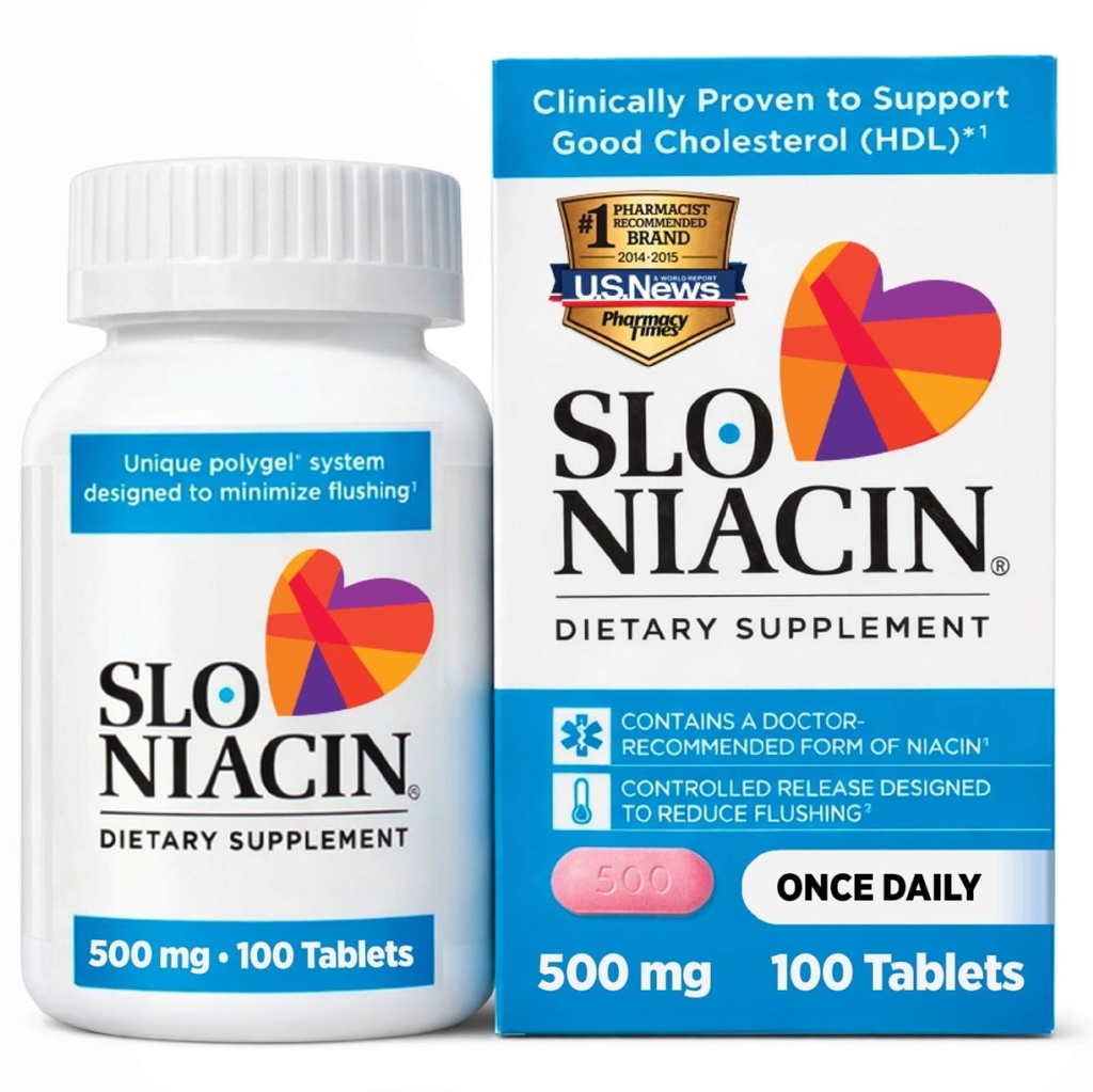 Slo-Niacin维生素B3 500 Mg - 缓慢释放Niacin用于心脏健康,能量刺激,健康皮肤,健康血糖水平 - 100 Capsules