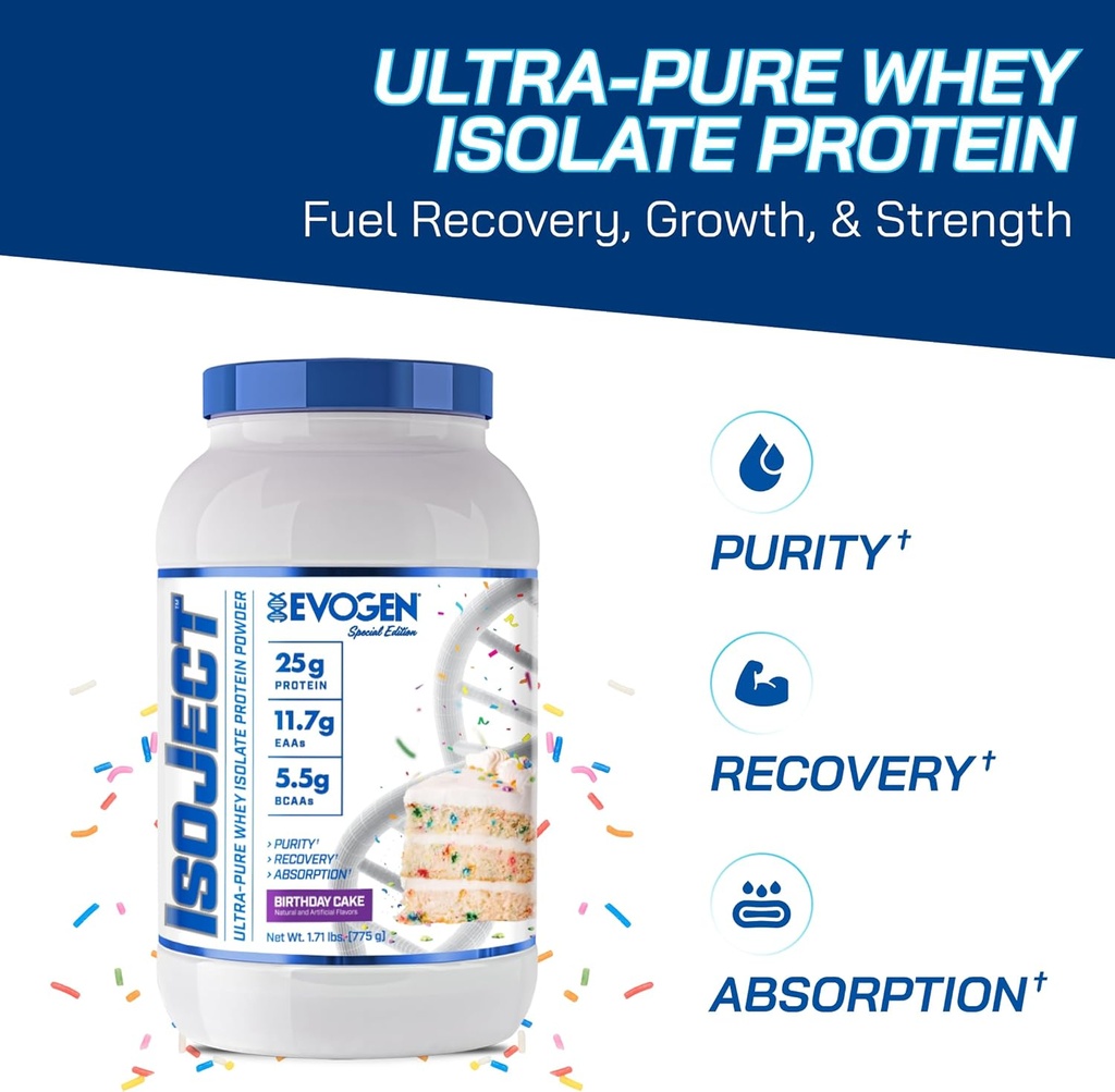 Evogen Isoject - Whei 蛋白质溶液 QQ 超Pure Whei 蛋白质粉 配Ignitor酶 BCAAs 和 EAAs 强化吸收和回收 QQ 生日蛋糕 25 服务