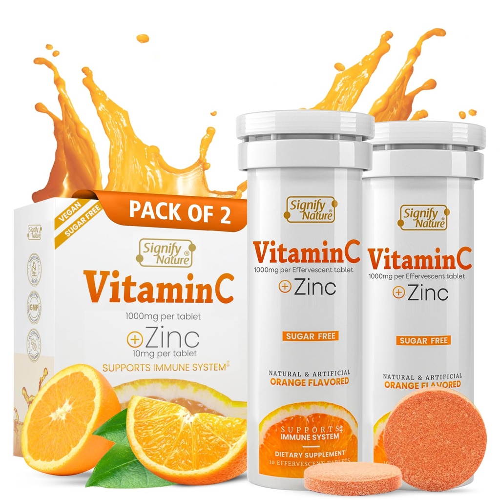 SIGNIFY NATURE 维生素 C 1000mg Effervescent 碑文 - 具有锌补充剂的能动免疫支持VIT C - 无糖和维冈公式 - 溶解维生素 C 碑文 - 水溶性菲兹·埃利克斯尔 - 20CT