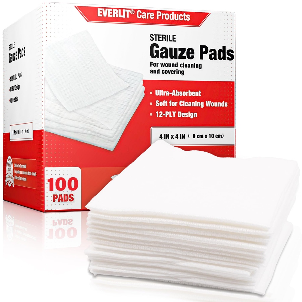 EVERLIT [Extra-Thick] 4'x4'' Sterile Gauze Pad 12-Ply, 100 Pack, 个人包装, Ultra Absorbent 大型非Woven 医用高斯海绵用于伤病护理 家庭急救箱
