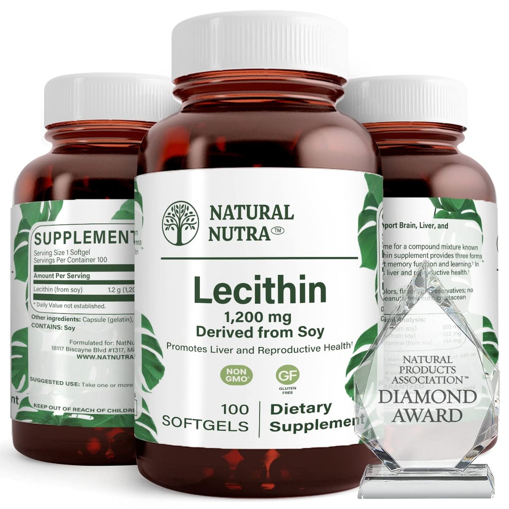 Natural Nutra Soy Lecithin 1200 mg 饮食补充剂 - 大脑功能,肝脏健康,肝脏乳房健康,记忆促进补充剂 - Gluten-Free,BPA-Free,可回收玻璃瓶中的100个软胶