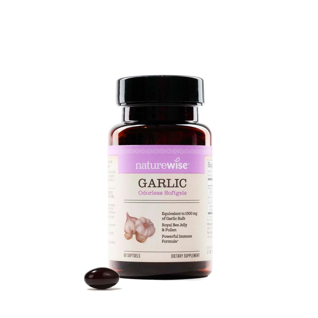 NatureWise Odorless Garlic Pills - with Royal Bee Jelly & Pollen - 心脏健康+免疫系统草药补充剂 + 抗氧化剂 - Gluten Free, Non-GMO - 60 Softgels [2-Month Supplement] (英语).