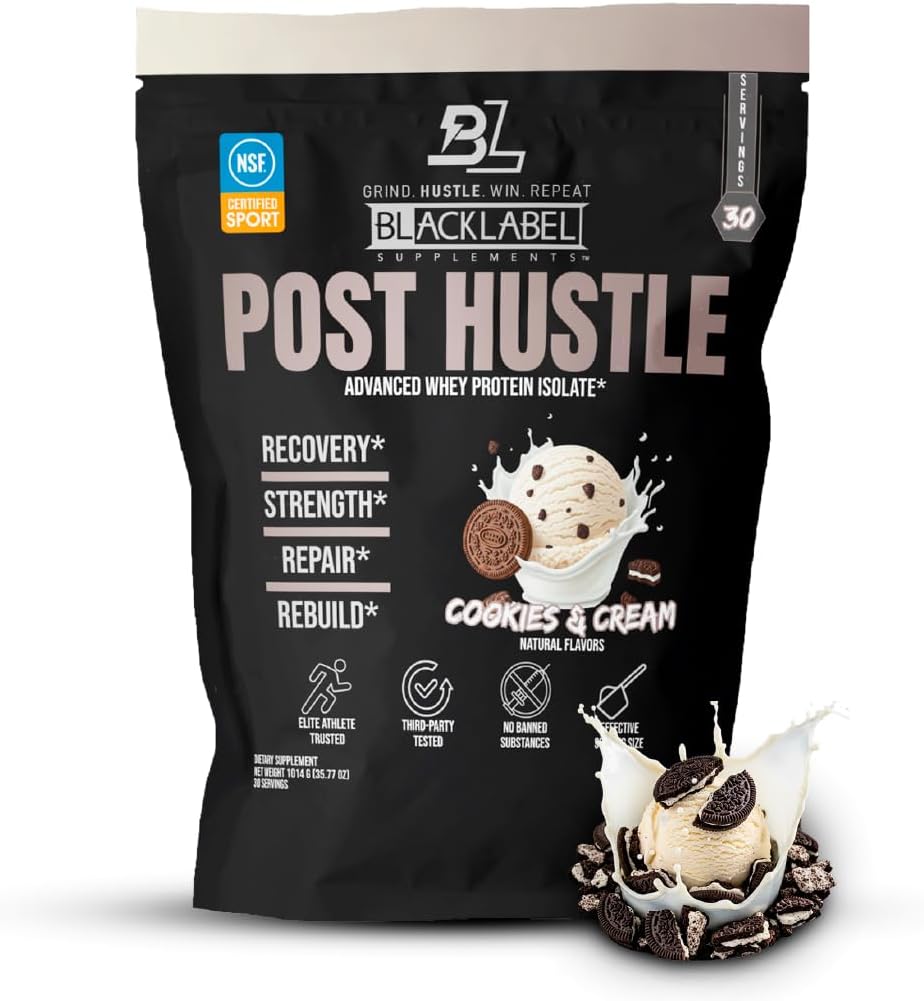 BLACKLABEL 补充 Post Hustle Post Workout 蛋白粉, 30 services – NSF 认证 体育 Whey 隔离蛋白粉与消化酶 – Cookies & Cream