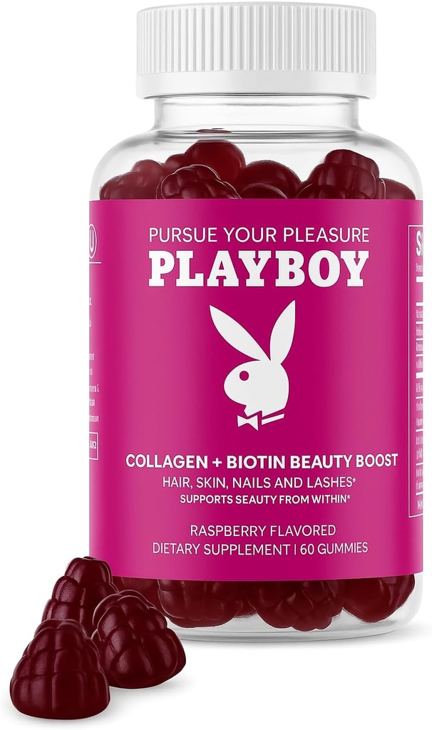 花花公子 - Collagen + Biotin Beauty boos Gummys for hair, Skin, Nails & Lashes (60 Gummys) - Raspberry Flavored Biotin & Collagen 女性与男性补充 - 非GMO, Gluten Free, Nut Free Gummy