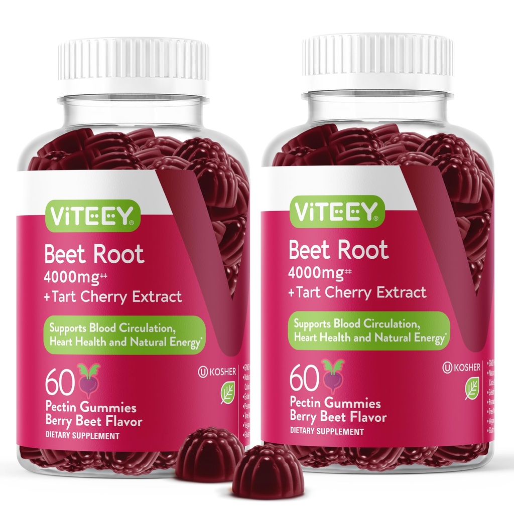 Viteey Beet Root Gummys with Tart Cherry - Beetroot 心脏健康补充,血压支持 - Vegan, Gluten - Free - 120 伯爵