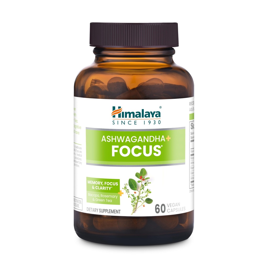 Himalaya Ashwagandha+ Focus -- -- 配有B12、Rosemary、Green Tea和Bacopa Nootropics的草药重点补充剂 -- -- Vegan、N-GMO、Gluten Free、1690 mg、60 Caplets