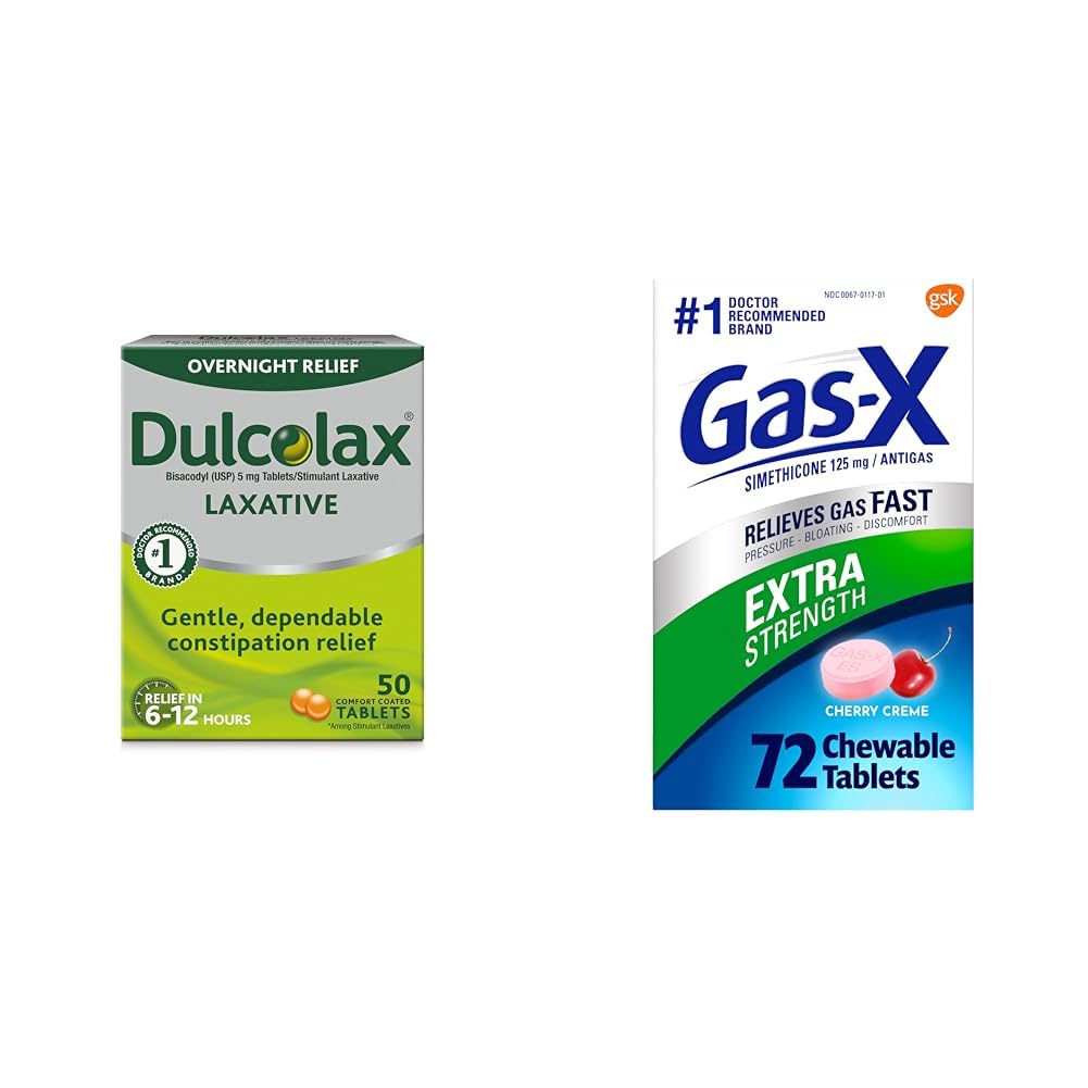Dulcolax 过夜救济剂用于Gentle便秘救济,Bisacodyl 5 mg 平板电脑,50 Counter & Gas-X Extra Starge Chewable Gas Relief Taps with Simethicone 125 mg 用于布洛丁救济