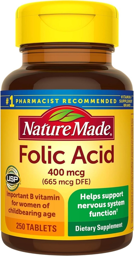 Nature Made Folic Acid 400 mcg (665 mcg DFE) 平板电脑, 250 counts (包装 May Vary)