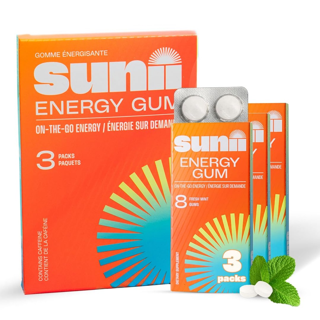 SUNII ENERGY GUM - 新快速助力能源与焦点 - 50mg Cafeine Gum - 维生素 B6 & B12, Taurine, Vegan, No Sugar, Zero Calorie, Fresh Mint Taste - 比Chews, drinks, Gels & Pills (24pcs) 更快速地比Chews, drinks, Gels & Pills (24pcs)