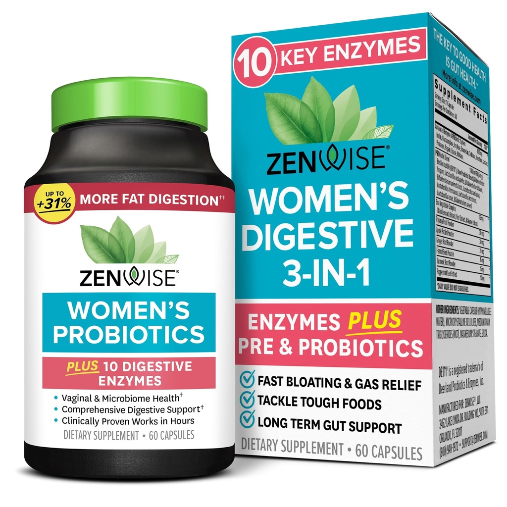 Zenwise Health 3-in-1 消化剂、Gut Flora和阴道保健的妇女增生剂 -- -- 具有消化酶的妇女每日增生剂和预生剂支持Bloating & Gas Relief -- -- 60个计数