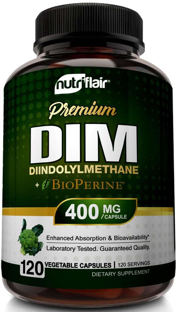 NutriFlair DIM 补充400mg 与 Bioperine , 120 Capsules - Diindolylmethana - 雌激素代谢支持 & Hormone 平衡,更年期, PCOS, Acne 和 Skin Care for Men and Women - 相比300mg