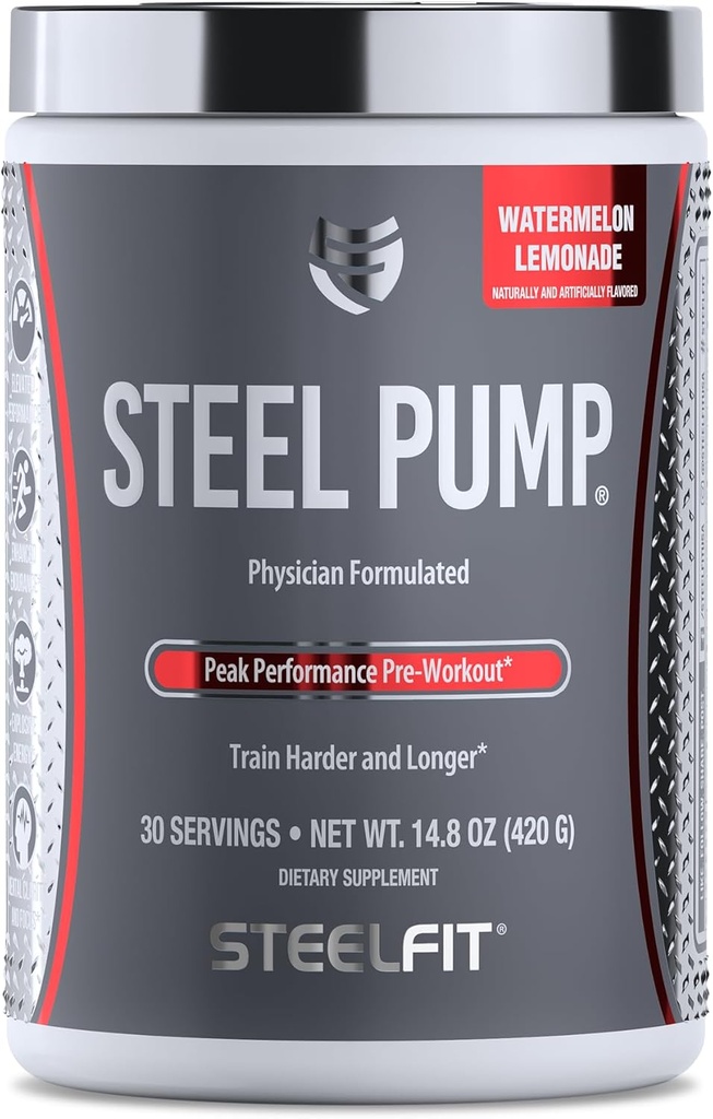 SteelFit钢泵 高级预工粉和硝基氧化物补充剂 西瓜柠檬油,30种 用于肌肉建筑和复苏 与峰 ATP、Ashwagandha、和电解剂