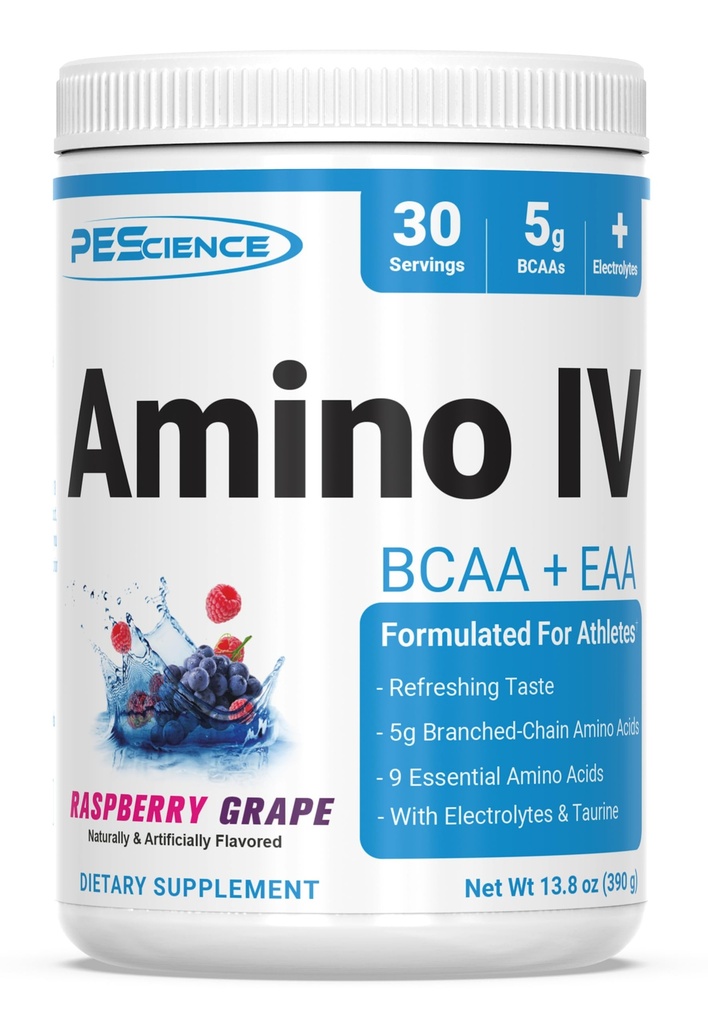 PE Science Amino IV BCAA 和 EAA 粉末、基本氨基酸、陶林、用于水分和肌肉恢复的电解剂、男女无糖、后工作-草莓葡萄-30种服务