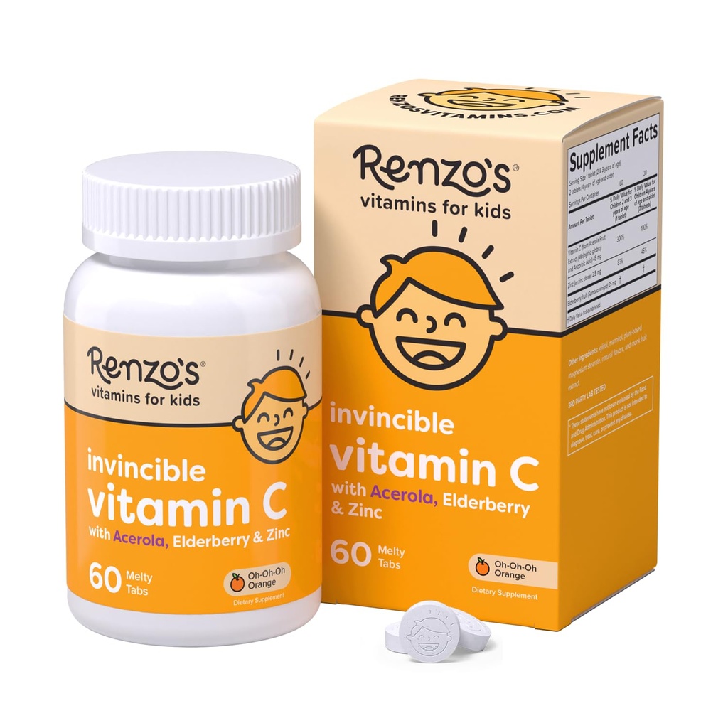 Renzo的无敌维生素C 配有老莓和锌的孩子们,溶解的孩子 维他命支持免疫,60个橙味的麦片