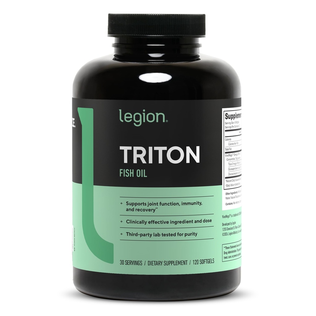 LEGION Triton鱼油盖 - 三重强度 Omega 3 含维生素E和柠檬油的基本脂肪酸 最大吸收、新鲜和纯度 - 2400mg EPA & DHA Pervice, 30 Svgs