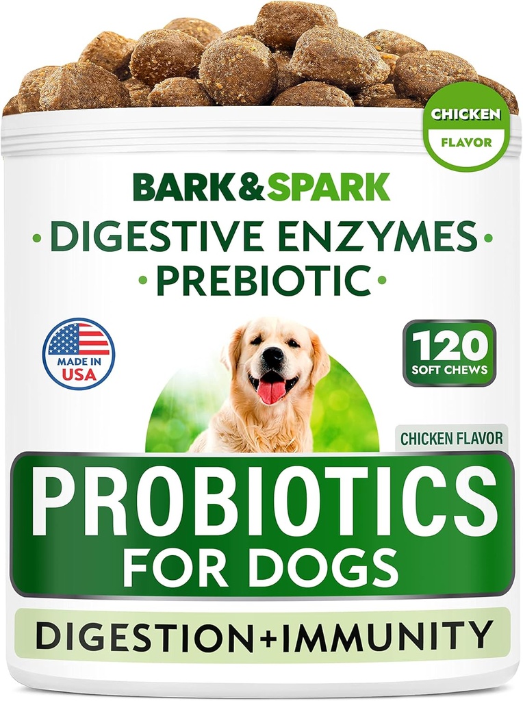 BARK&SPARK 狗 Probiotic Chews - 毒气,痢疾,过敏 - 酶 + 预生 - 化学纤维 - 消化,豁免 - 美国制造 - 90 Ct - 鸡