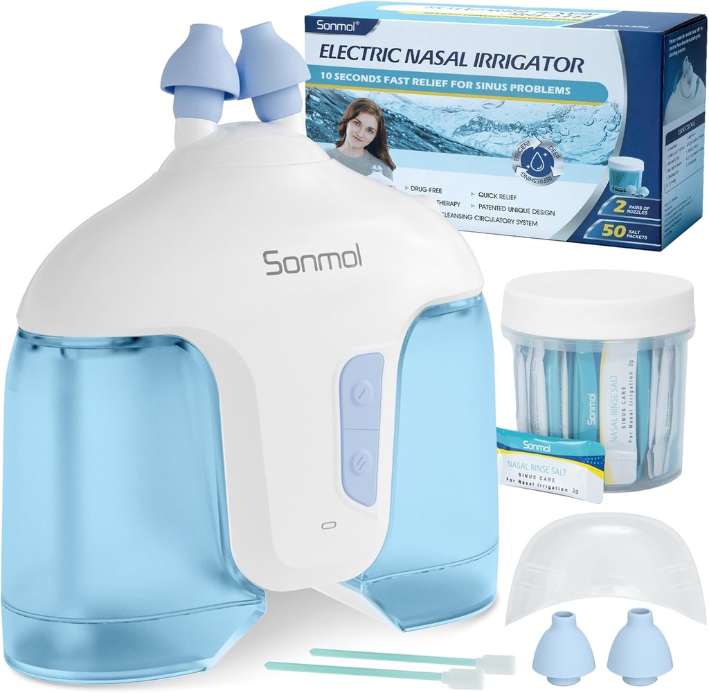 Sonmol 电鼻灌溉系统(纳萨尔灌溉、蓝色)、鼻孔清洁器(Sinus 成人)、自净鼻孔清洁器(含50袋沙林)